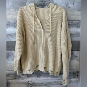 SHEIN Cream Knit Hoodie with Distressed Hem